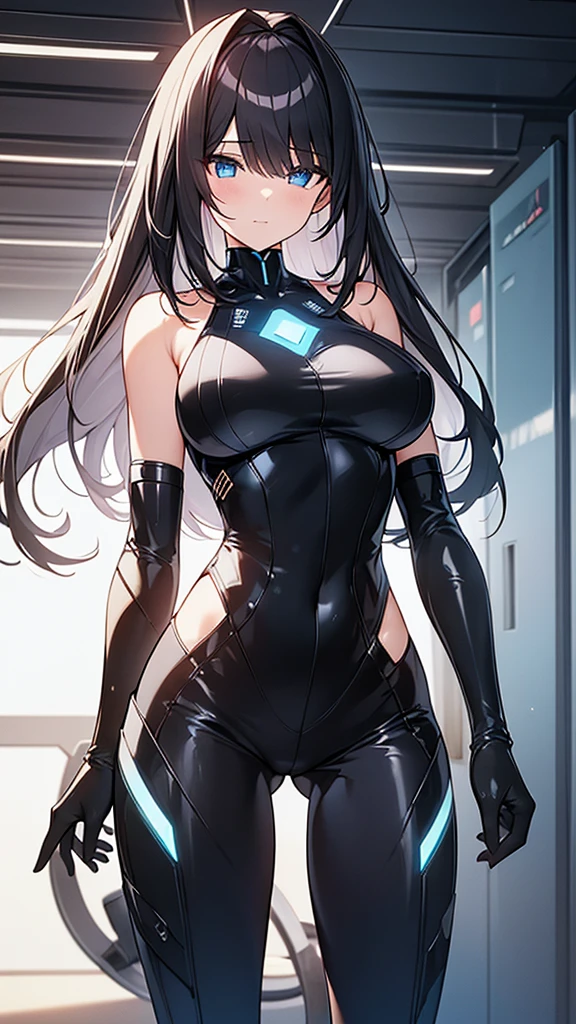 (Highly detailed CG Unity 16k wallpaper,masterpiece, Biological, whole body),(Best lighting, Best Shadow, Very delicate and beautiful),(One girl),blue eyes, Big Breasts, Black Hair,Red and black off-the-shoulder revealing high-cut SF ハイレグ型bodysuit,Neck Seal,High-tech sci-fi corridor, Dynamic pose, Detailed Machinery, Sleek design.,My crotch is wet, {{An extraterrestrial lifeform preys on girls and takes their place、Her breasts are bigger than a real girl&#39;s、Suitable for the mother}}, Unknown sensation, Feels good, Vigorous movement, more, instinct, Female fall, Bouncing chest, loose, loose, Next to a real girl skeleton, NSFW