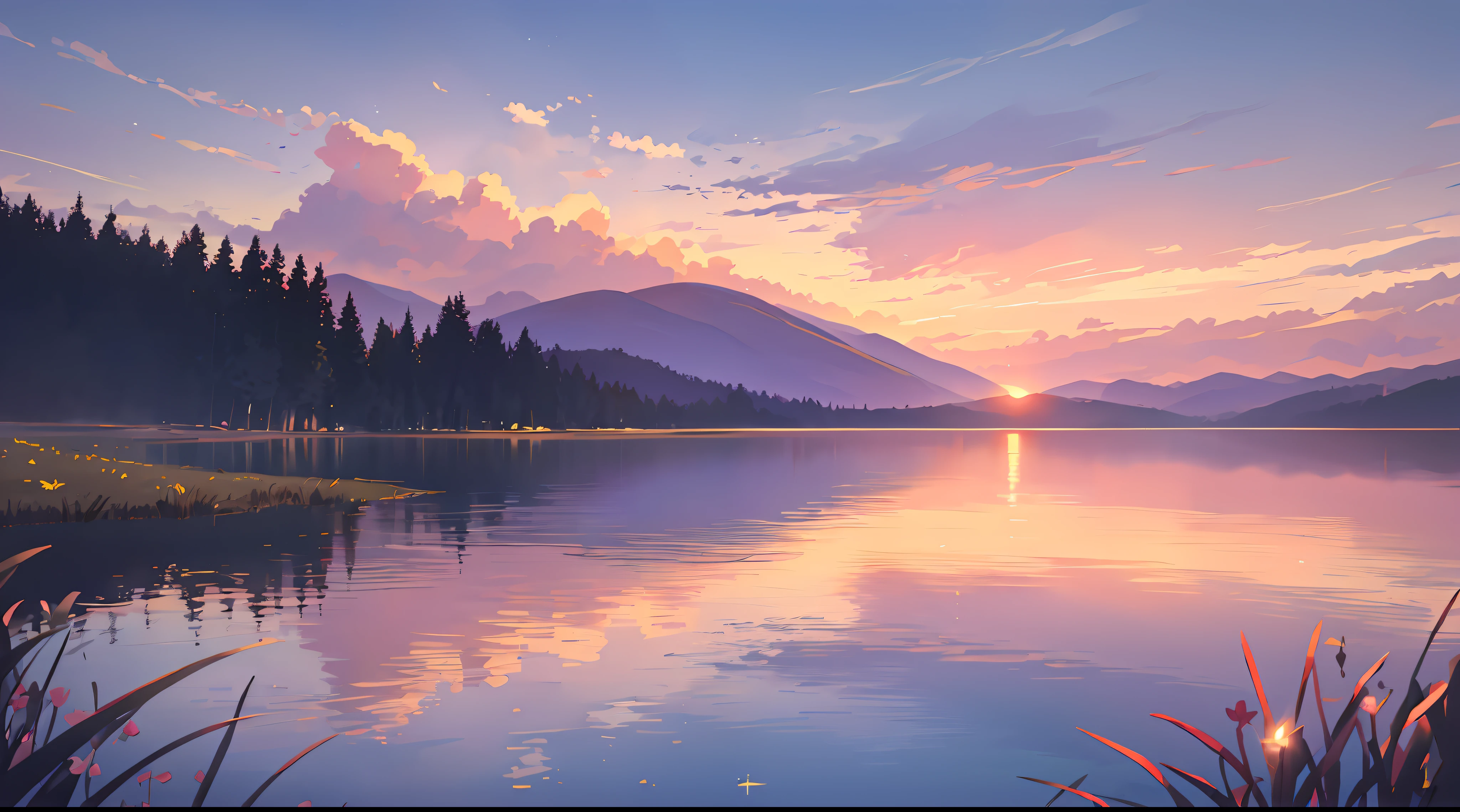 Sunset, lake, grassland, Sunset, Pink sky, Star, cloud, 4K, amazing, sharp, Intricate details, (high resolution: 1.5)
