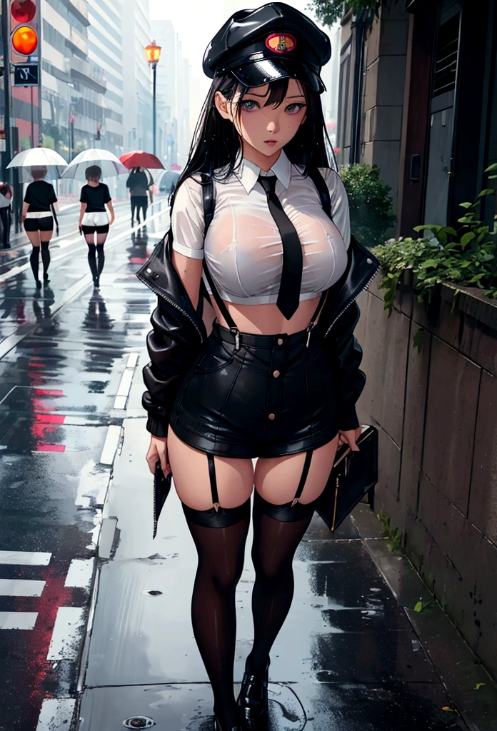 rainy day, on the street of the day. Beautiful woman walking, wet clothes, (showing through white shirts:1.1), Short skirt, black thigh high stockings with garters. full body shot, , perfect ass, Pretty girl) street full of people, wearing black t-shirt, jeans jacket, (( super short shorts)), standing in a park, rainy day, photorealistic, Masterpiece, neckline, tits, panties, tight panties, stockings with suspenders, cap, sports bra, neckline,