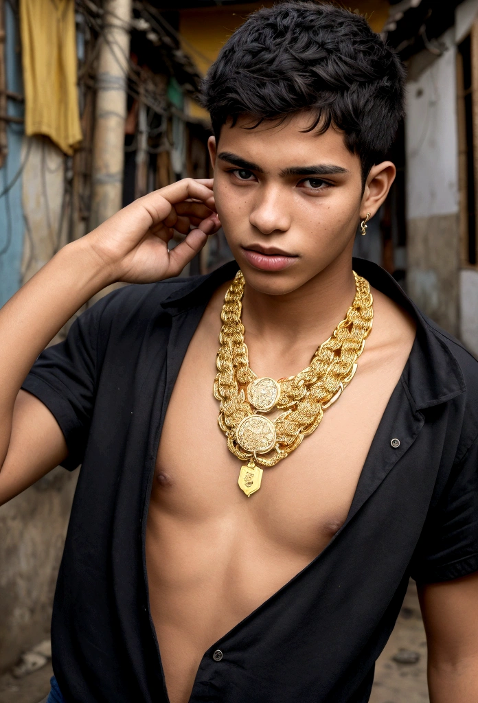 20 year old boy in São Paulo style with gold chain around his neck, favela landscape