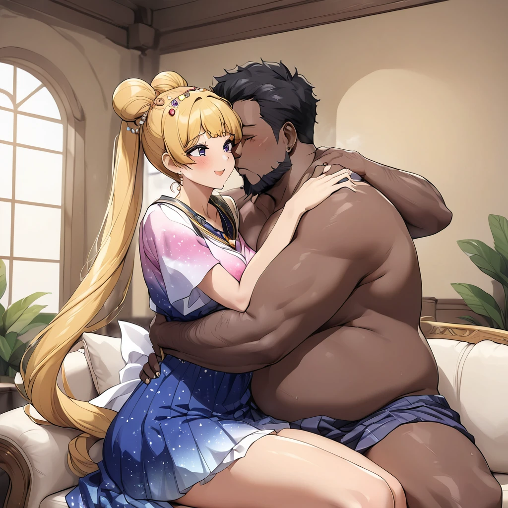 ((Highest quality)), ((masterpiece)), (detailed), (Perfect Face)、The woman is a black Ghanaian with vivid dark brown skin, Tsukino Usagi, and is wearing a luxurious, colorful, glittering smock, a colorful turban head scarf, gorgeous jeweled accessories, and an engagement ring in a luxurious Ghanaian mansion. The woman and the man are sitting on a luxurious, large sofa in the luxurious room, and the woman is passionately embracing and passionately deep kissing the dignified, bearded, middle-aged Ghanaian man wearing Ghanaian traditional clothing, making passionate love as a married couple.、The woman is the elegant Tsukino Usagi, with long blonde hair in a chignon twin tail, wearing a colorful smock and a colorful turban head scarf, and has vivid dark brown skin. She is a black Ghanaian Tsukino Usagi.、(The woman is a black Ghanaian with vivid dark brown skin.)、The man is a dignified, burly, bearded Ghanaian man wearing a smock.
