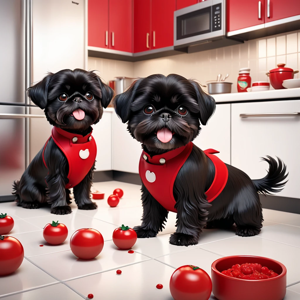 2 Adorable small black Shih Tzu puppies wearing red collars and aprons playing, refrigerator making a food mess in Disney kitchen 3d cartoon, 3d render, disney pixar style