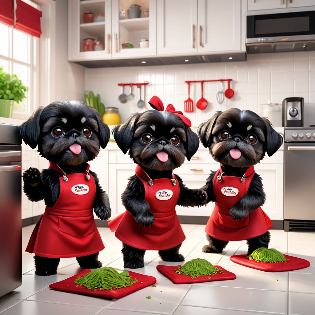 2 Adorable small black Shih Tzu puppies wearing red collars and aprons playing, refrigerator making a food mess in Disney kitchen 3d cartoon, 3d render, disney pixar style
