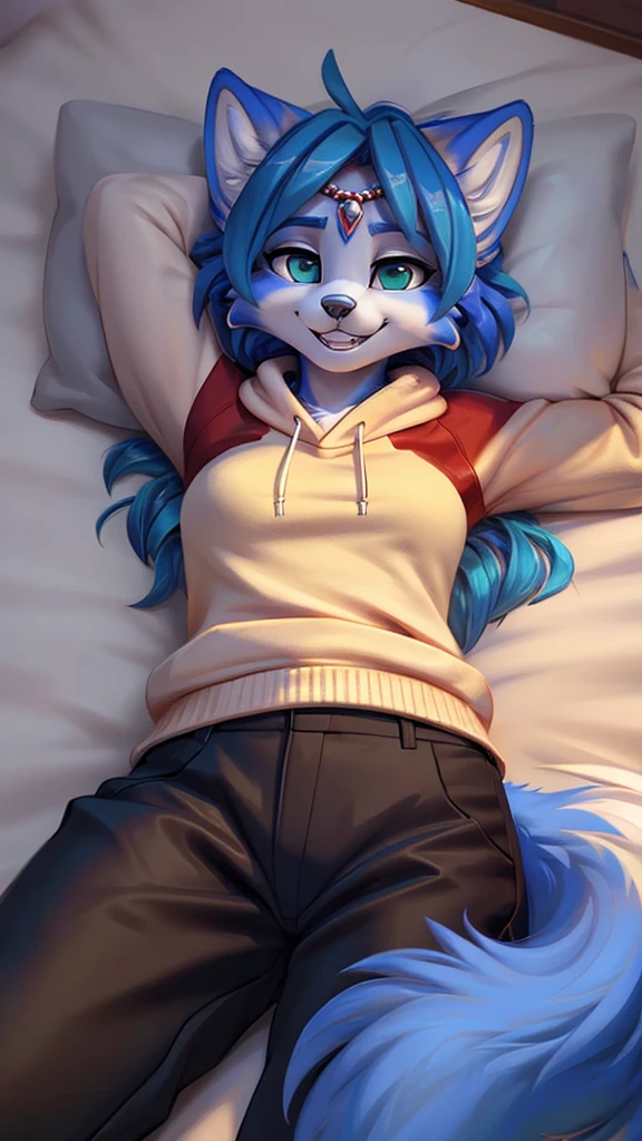 A beautiful and detailed (sweet portrait) wa ((Krystal)), Star Fox Krystal, sslim, lovable, green eyes, medium breasts, (((Long blue hair 1.3))), Decollete, grin, look up,, anthro, furry, Uploaded E621, detailed fluffy fur, (wa Fluff-Kevlar, Bayard Wu, personalize me, Pino Daeni), detailed face, (fluffy), 1 girl, alone, lying on a bed, everyday clothes, heller pullover 1.3, black trousers, wa Kopf bis Fuß, relaxing lying down