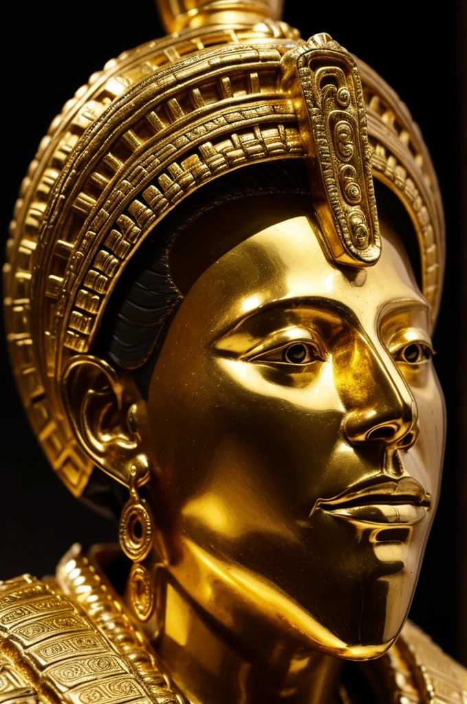 Hyperrealistic Mexican sculpture with Mayan features made of gold exhibited in a museum 