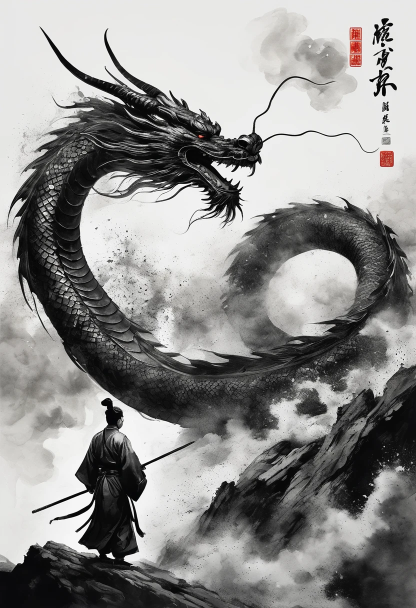 Epic ink shots，Chinese warrior wearing Hanfu fighting a dragon，Side view，First Person，Huge Chinese dragon，Strong contrast，Tradition Chinese Ink Painting style，Exaggerated perspective，thrilling moment，8K，Simple style，Style Wu Guanzhong