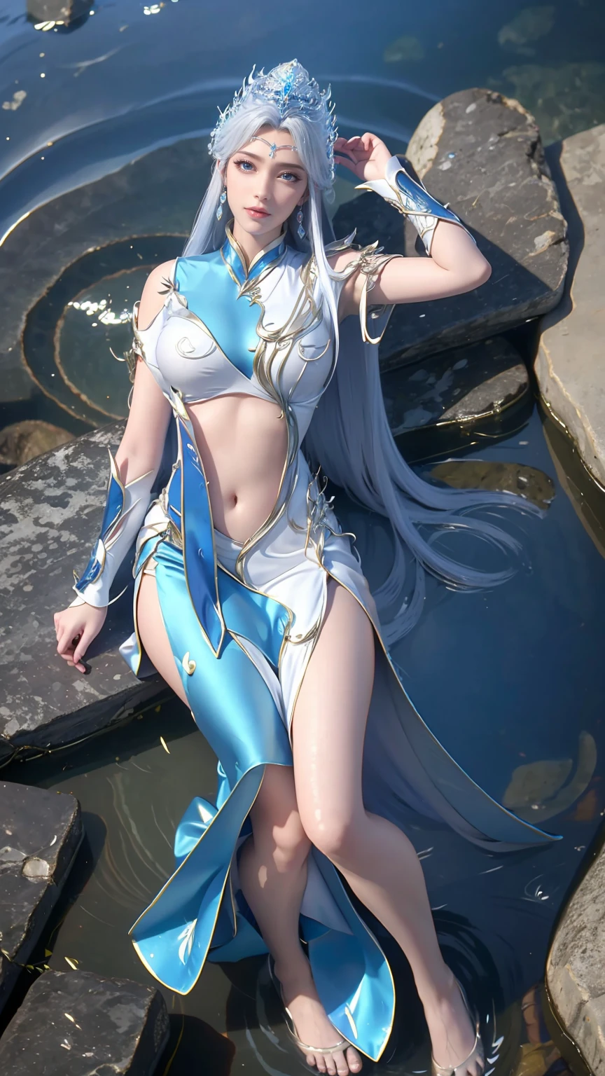 一个穿着连衣裙的女孩躺在Starry Sky下的床上,Exquisite smile,Beautiful and delicate eyes,Beautiful and delicate lips,Extremely detailed face and eyes,Long eyelashes,Full body,Flowing hair,belly button,best quality,excellent work,Super,(Reality:1.4),RAW photos,(Beautiful face:1.2),(Lying on the water:1.5),1 girl,(absurd),(8K), (4K),Octane Rendering,Starry Sky,((Full body view)),Wearing crystal barefoot,Cross-legged