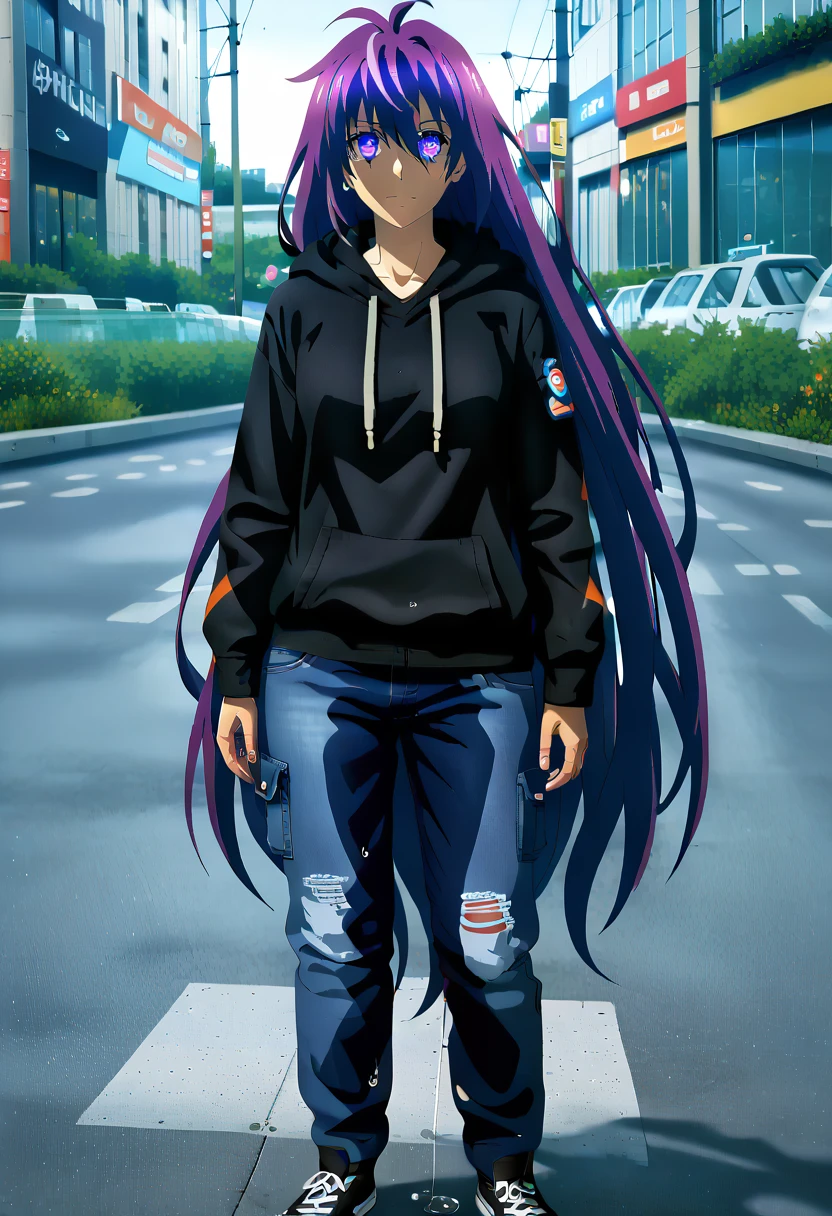 (masterpiece:1.37), best quality, (extremely detailed:1.37) woman, (adult:1.5), (very long hair:1.5), dark purple hair, purple eyes, (extremely detailed eyes:1.37), breasts, hoodie, jeans, (wetting:2.0), standing straight, full body day, daytime, glow, facing viewer, perfect composition, full body, city, street