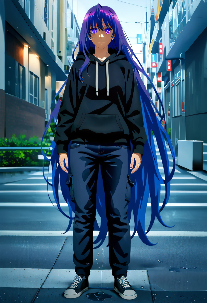 (masterpiece:1.37), best quality, (extremely detailed:1.37) woman, (adult:1.5), (very long hair:1.5), dark purple hair, purple eyes, (extremely detailed eyes:1.37), breasts, hoodie, jeans, (wetting:2.0), standing straight, full body day, daytime, glow, facing viewer, perfect composition, full body, city, street