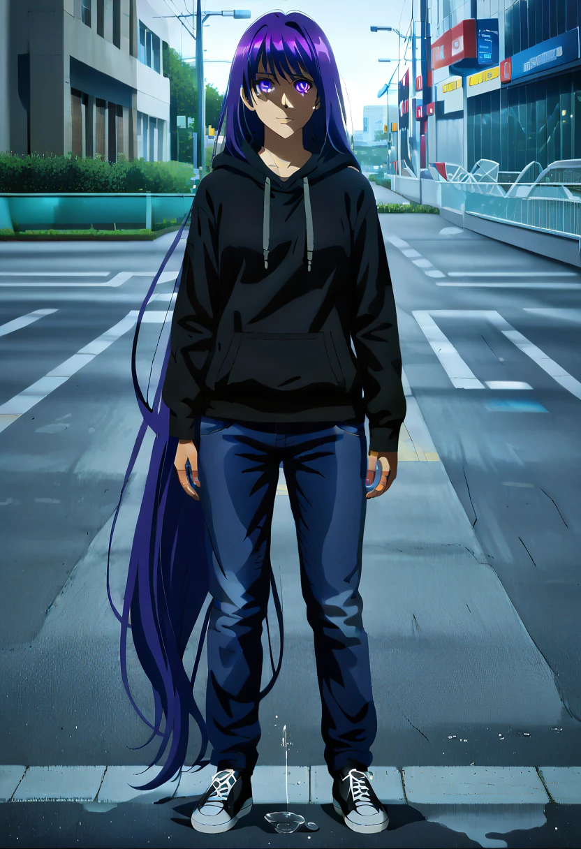 (masterpiece:1.37), best quality, (extremely detailed:1.37) woman, (adult:1.5), (very long hair:1.5), dark purple hair, purple eyes, (extremely detailed eyes:1.37), breasts, hoodie, jeans, (wetting:2.0), standing straight, full body day, daytime, glow, facing viewer, perfect composition, full body, city, street