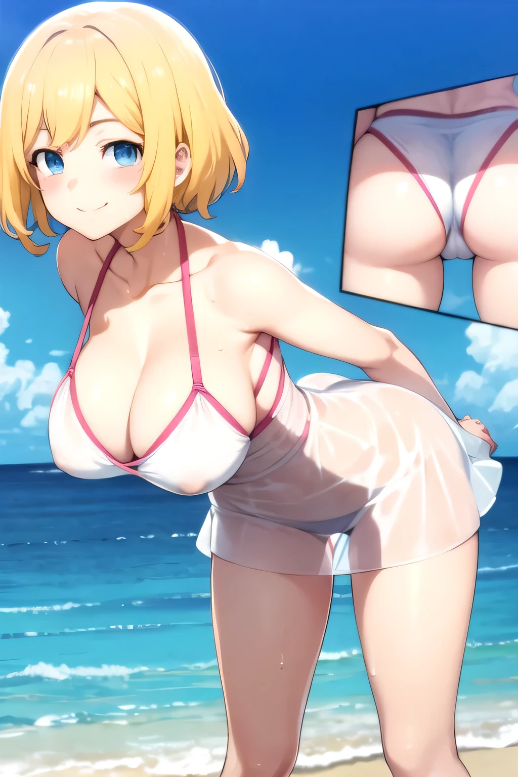 Takemichi feminine , tokyo revengers, blond hair, blue eyes, perfect face, feminine, whole body, takemichi in a summer dress, beach background, big breasts, pink cheeks, Short hair, smile, transparent dress +18 , adulto, Wet white dresses Best angle of big breasts, well detailed skin Takemichi with her bikini , poses sexy ,