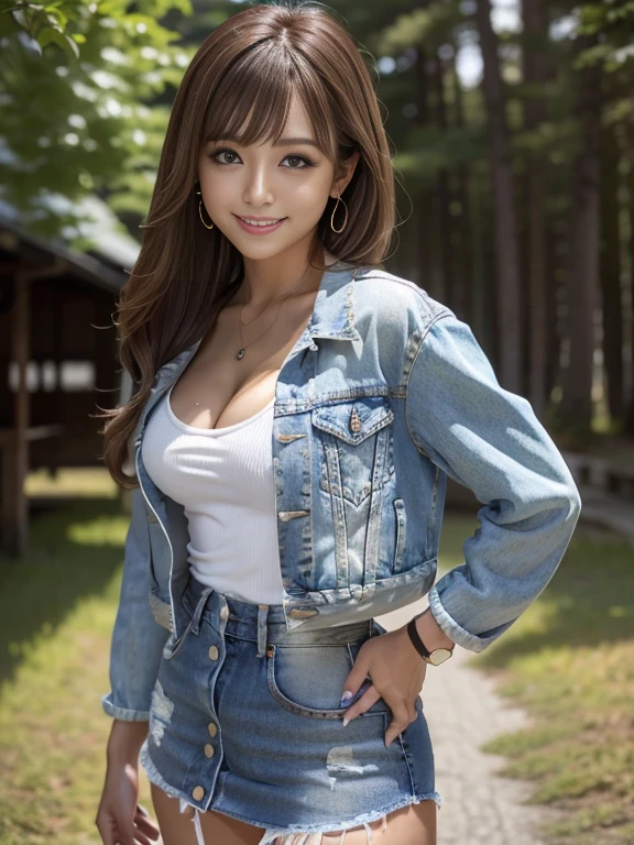 Highest quality, masterpiece, Ultra-high resolution, (Realistic:1.4), Beautiful woman, Clear grey V-neck shirt, G-string, Cleavage, ((Denim jacket)), Center of chest, Tight waist, Shiny skin, 魅惑的なsmile, Bokeh, smile, pubic hair, thick pubic hair, long pubic hair, Denim mini skirt, Brown Hair、Fresh green scenery in Karuizawa、