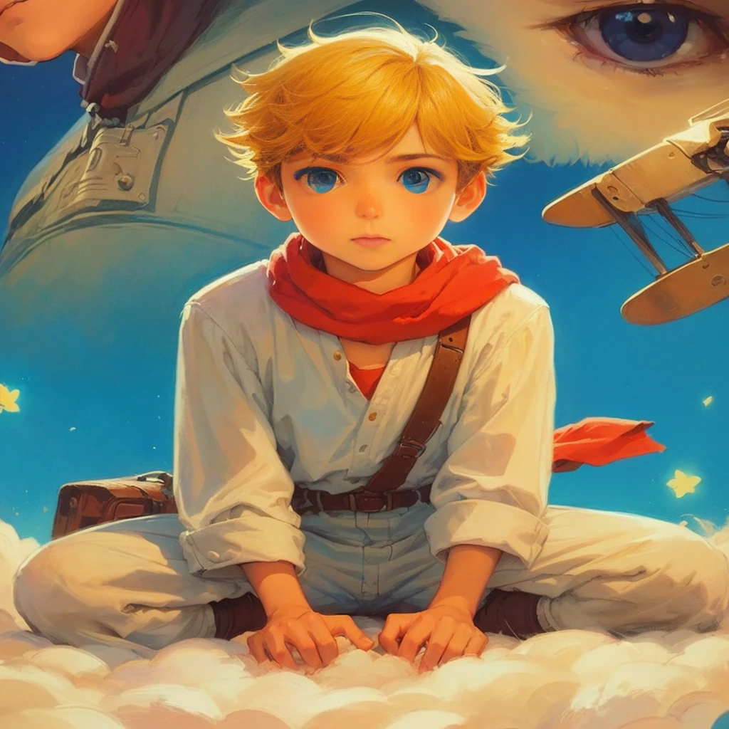 a cartoon of a boy sitting on a cloud with a dog, the little Prince, in the style of atey ghailan, anime key art, Artgerm and Atey Ghailan, Lucas Arts Aventura, Atey Ghailan 8K, concept art of a single guy, animated film, ghibli art style, ghibli animated film, atey ghailan y steve mccurry