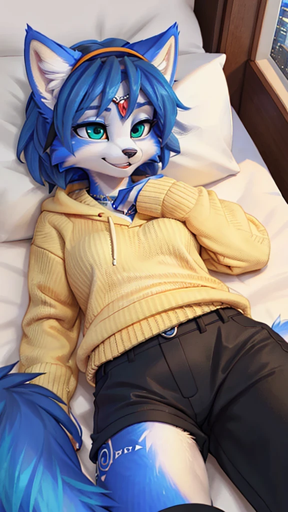 A beautiful and detailed (sweet portrait) wa ((Krystal)), Star Fox Krystal, sslim, lovable, green eyes, medium breasts, (((Long blue hair 1.3))), Decollete, grin, look up,, anthro, furry, Uploaded E621, detailed fluffy fur, (wa Fluff-Kevlar, Bayard Wu, personalize me, Pino Daeni), detailed face, (fluffy), 1 girl, alone, lying on a bed, everyday clothes, heller pullover 1.3, black trousers, wa Kopf bis Fuß, relaxing lying down