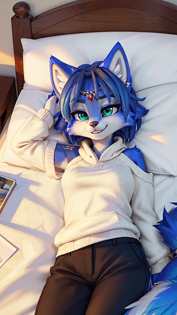 A beautiful and detailed (sweet portrait) wa ((Krystal)), Star Fox Krystal, sslim, lovable, green eyes, medium breasts, (((Long blue hair 1.3))), Decollete, grin, look up,, anthro, furry, Uploaded E621, detailed fluffy fur, (wa Fluff-Kevlar, Bayard Wu, personalize me, Pino Daeni), detailed face, (fluffy), 1 girl, alone, lying on a bed, everyday clothes, heller pullover 1.3, black trousers, wa Kopf bis Fuß, relaxing lying down