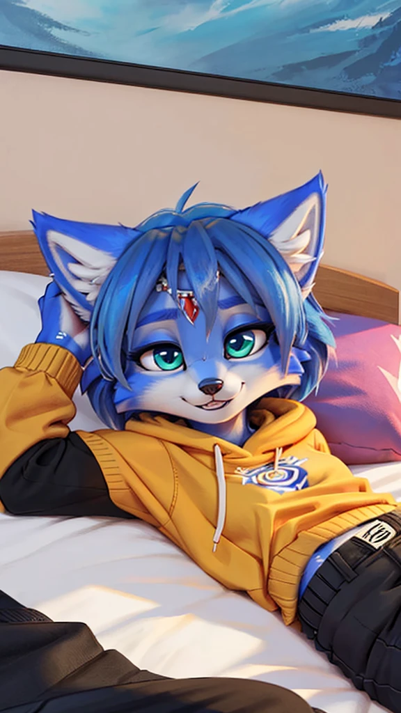 A beautiful and detailed (sweet portrait) wa ((Krystal)), Star Fox Krystal, sslim, lovable, green eyes, medium breasts, (((Long blue hair 1.3))), Decollete, grin, look up,, anthro, furry, Uploaded E621, detailed fluffy fur, (wa Fluff-Kevlar, Bayard Wu, personalize me, Pino Daeni), detailed face, (fluffy), 1 girl, alone, lying on a bed, everyday clothes, heller pullover 1.3, black trousers, wa Kopf bis Fuß, relaxing lying down