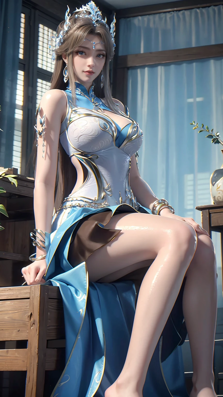 masterpiece, best quality, tthl, 1 Girl, , Solitary, Long hair:1.2, Large Breasts, Bangs, Hair accessories, skirt, Bare shoulders, Jewelry, Brown hair, Alternative clothing, bracelet, ear rings, 长skirt, 蕾丝skirt, bracelet, barefoot, 细barefoot, Charming smile,Cross your legs, Sitting in the bathtub, indoors, From below,camisole,Wet all over,Water Magic,Wet