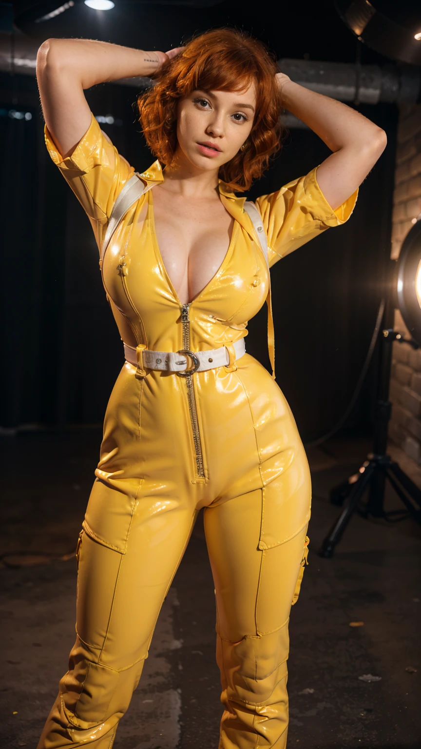 (masterpiece), (best quality), (solo character), (large breasts), (photorealistic:1.4), (chr1sh3n wearing white belt), (apriloneil costume, jumpsuit), (yellow latex jumpsuit), (apriloneil hairstyle), (apriloneil white belt), (apriloneil boots), (aprilonei wearing watch), (epiCRealLife), (lora:epiCFlashPhoto), (red hair), (red lipstick), (brown eyes), (young woman), (flashphoto), (night time), (new york city view), (traffic light), (look at viewers), (pose for pictures), (in a tv broadcasting studio), (indoor)