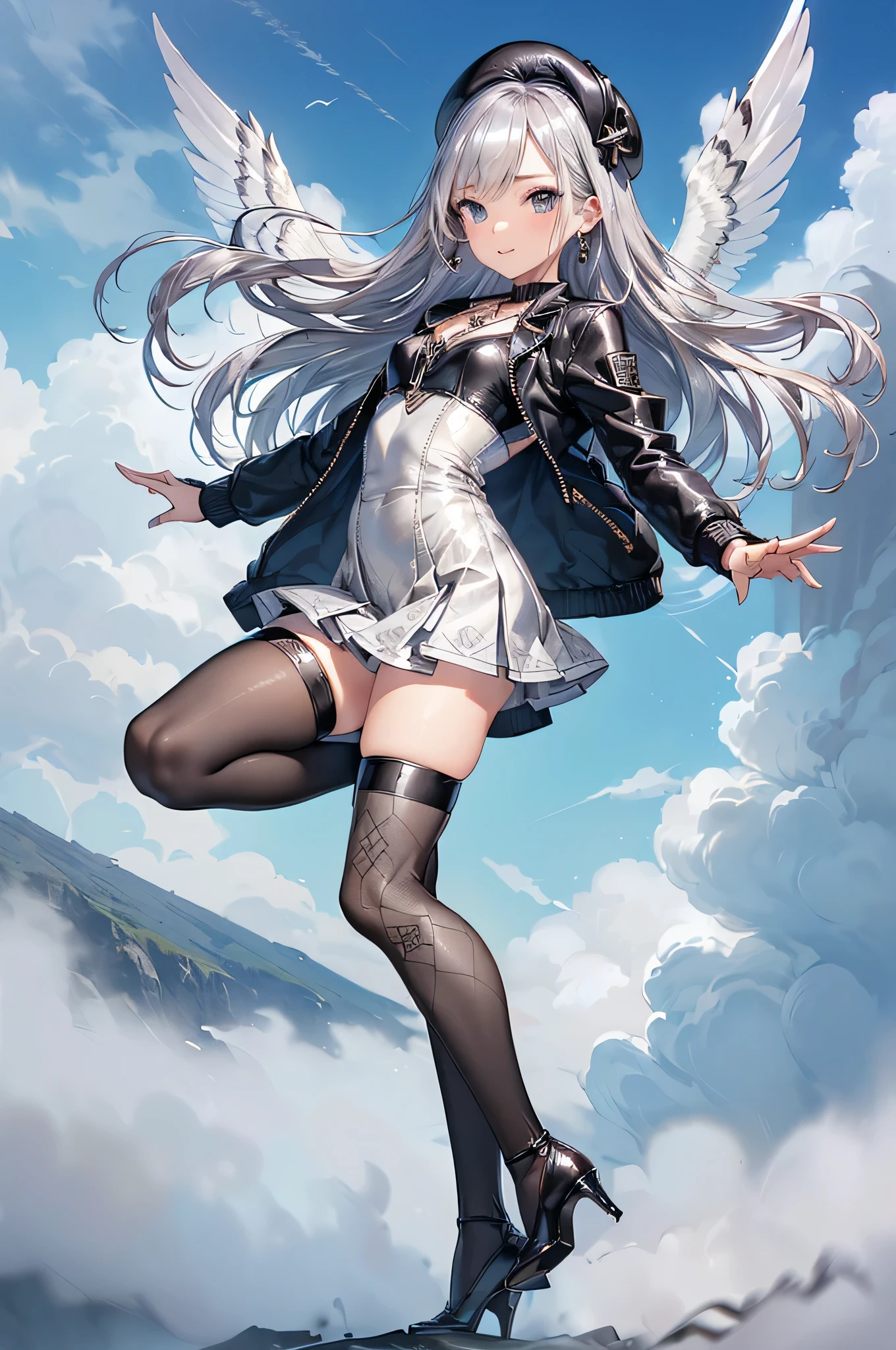 ((Biologically correct limb count))、(( From head to toe、Full-body photo including face))、4K、((Standing position))、masterpiece、((Focus on the face))、((Symmetrical facial features))、Eyes with detailed description、Beautiful woman、Great style、Beautiful arms、Beautiful legs、Beautiful Hands、(Small Ass、Thin thighs)、Facial detailing、Small earrings、necklace、(beret、Black leather jacket and pleated skirt、((High heels、Patterned stockings)))、(sky diving)、Spread your arms and legs wide to the left and right、Silk gloves、(((Silver Hair)))、(sea of clouds、Thick fog)
