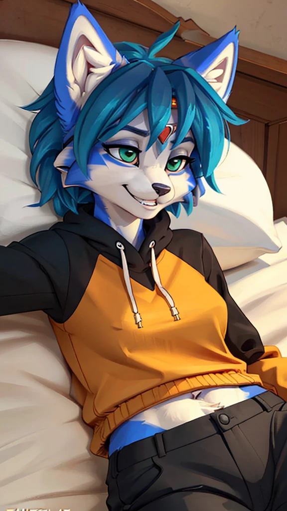 A beautiful and detailed (sweet portrait) wa ((Krystal)), Star Fox Krystal, sslim, lovable, green eyes, medium breasts, (((Long blue hair 1.3))), Decollete, grin, look up,, anthro, furry, Uploaded E621, detailed fluffy fur, (wa Fluff-Kevlar, Bayard Wu, personalize me, Pino Daeni), detailed face, (fluffy), 1 girl, alone, lying on a bed, everyday clothes, heller pullover 1.3, black trousers, wa Kopf bis Fuß, relaxing lying down