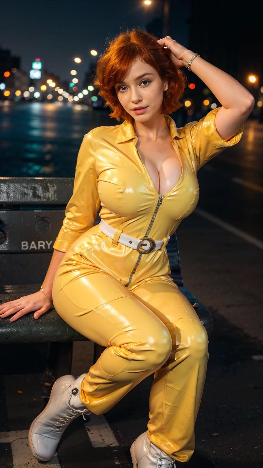 (masterpiece), (best quality), (solo character), (large ), (photorealistic:1.4), (chr1sh3n wearing white belt), (apriloneil costume, jumpsuit), (yellow latex jumpsuit), (apriloneil hairstyle), (apriloneil white belt), (apriloneil boots), (aprilonei wearing watch), (epiCRealLife), (lora:epiCFlashPhoto), (red hair), (red lipstick), (brown eyes), (young woman), (flashphoto), (flash photography), (night time), (new york city street), (traffic light), (look at viewers), (sitting on bench), (demure)