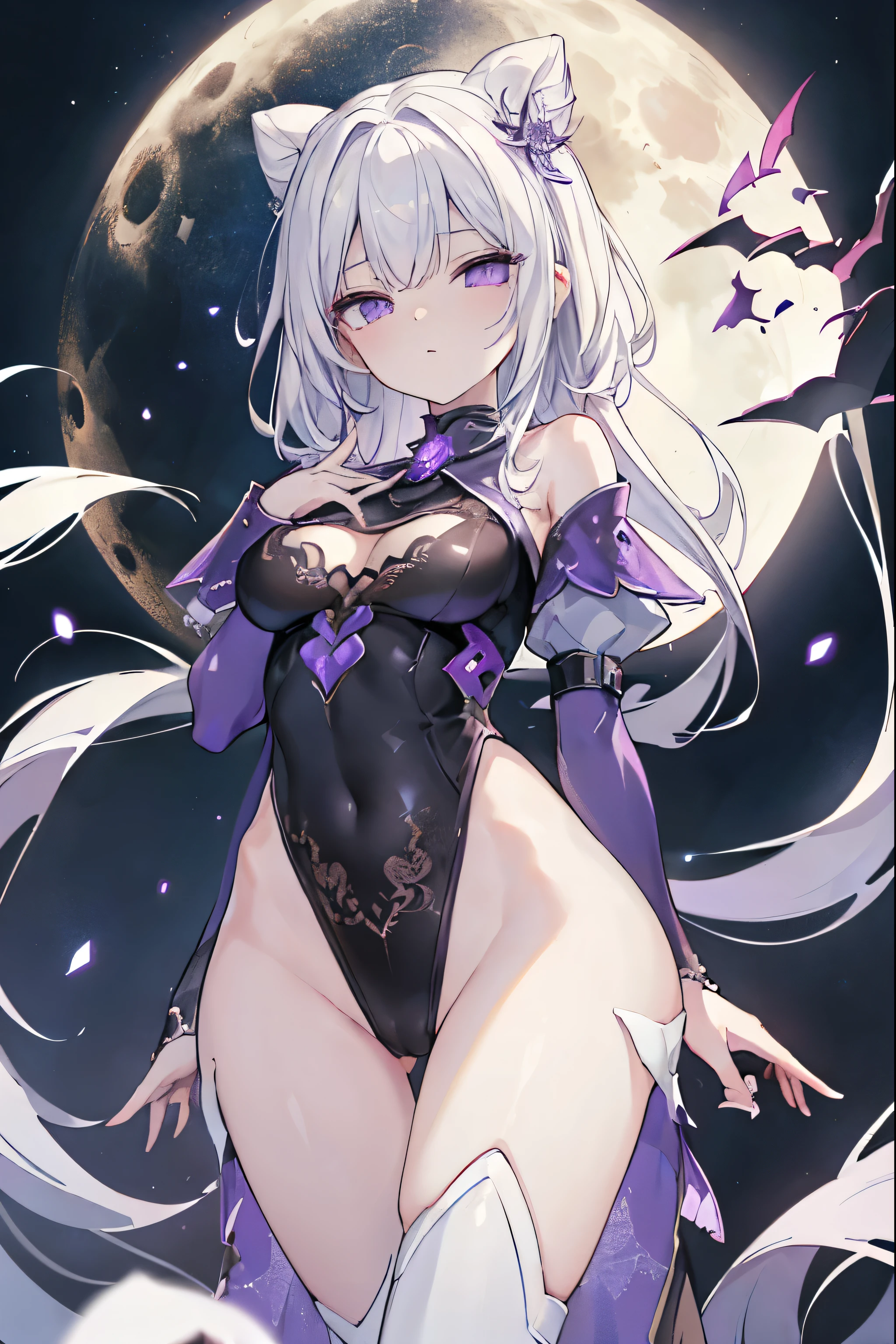 1girl, anime, cute girl, blank background, white background, fantasy, detailed fantasy dress with highlights, beautiful face, beautiful eyes, dark colors, black hair with multicolor streaks, red eye with different color pupil in eye, multicolor eye, medium breasts, slight cleavage, beautiful skin, cute, breast curtains, extremely delicate and beautiful, (beautiful detailed face:1.0), (detailed deep eyes), symmetrical breasts, deep eyes, shiny skin, portrait, slender waist, hips wider than shoulders, thighs, expressionless, young girl, luminous eyes, adorable,(Kpop idol),(aegyo sal:1),(Platinum blonde hair:1),((puffy eye)),Black panty,sexy posture,Superskirt, Ultra-high resolution,Black collar,slim figure, Abdominal y tattoo, womb tattoo,Tight-fitting leg ring,y tattoo on half-body,Bare skin, Armored hand,Hidden fingertips,Hand covered,Arm covered,Fist covered,{{beautiful detailed fingers}}, tufts of hair, moderate beautiful breast:1.0,(masterpiece:1.2), best quality, high-res, HDR, perfect face, intricate armor, delicate blue filigree, intricate filigree, red metalic parts, detailed part, dynamic pose, dynamic lights, cute face, neutral expression, shuimobysim, lotus, Hanfu, maxi skirt, dress conservatively 1girl, solo, long blue hair, standing, One lady,14years,((White hair) ,(Shiny purple bodysuit with microskirt),((Fantasy, Moon Night)), gradient_eyes,