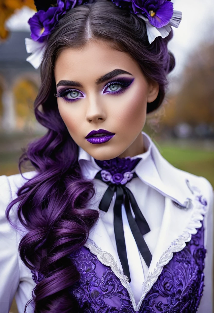((Monochrome, Photo noire et violet)), Sublime femme avec deux très longues queues de cheval de chaque côté, double queues de cheval, double twin ponytails, twin tails, Lèvres détaillées, Yeux détaillés, regard intense, cils détaillés, visage détaillé, long cheveux violet, visage de séduction, ((maquillage violet)), photo du milieu du corps, ((porte un costume)),(( Une cravate violette, photo noir et blanc et violet, only black and white and purple photo)), (((photo noir et blanc et violet, only black and white and purple photo, le maquillage et les cheveux, b/w, B&W,long twin ponytails)))