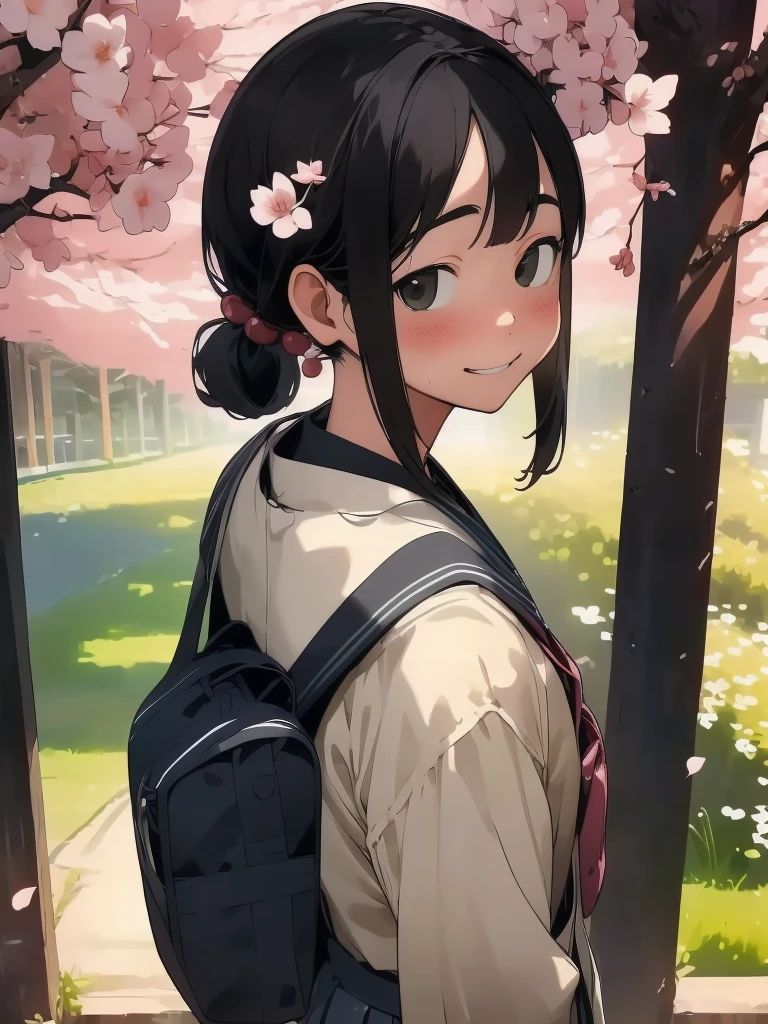 Character Features - Hairstyle：Straight black hair - sex：High school girl - bangs：Center parts - accessories：リボンのヘアピン

衣装
- セーラー服

視点・アングル
- フルボディショット
- 正面からのアングル

背景
- 桜の木が咲く学校の校庭
- 桜の花びらが舞う

季節・雰囲気
- springの新学期
- スプリング（spring）

Light and Shadow - Soft Sunlight and Other Elements - School Bag - Japan - Viewers watch as she starts the new school year