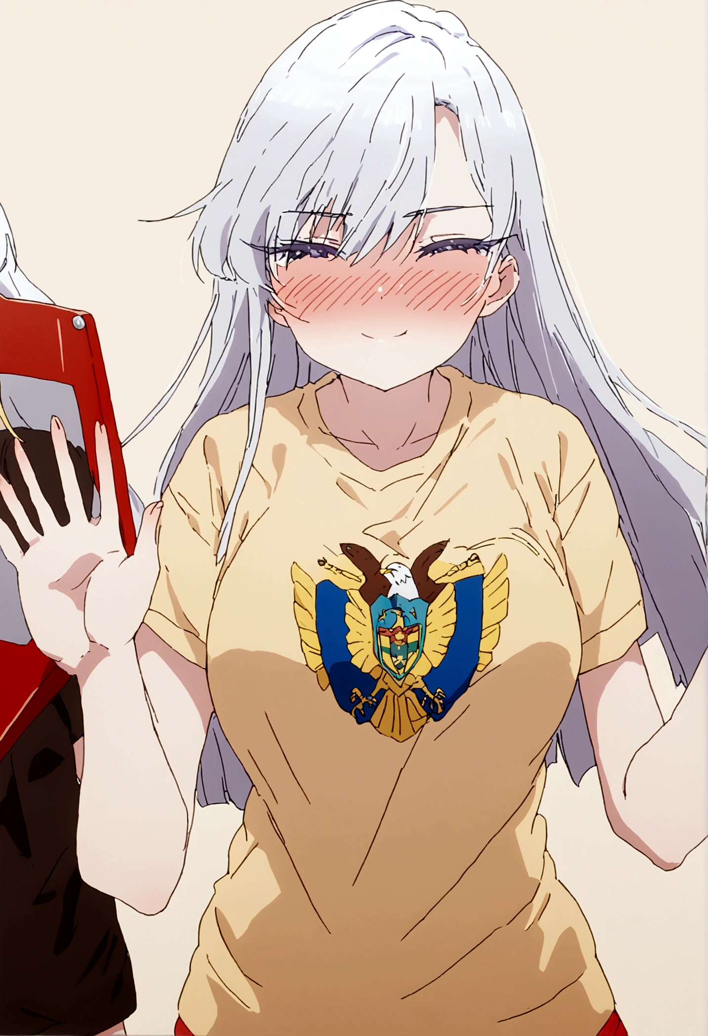 white hair girl (nano) wearing a t-shirt with the colors yellow blue and red with the shield of Ecuador in the center she is blushing and happy wearing the t-shirt she is very sexy 