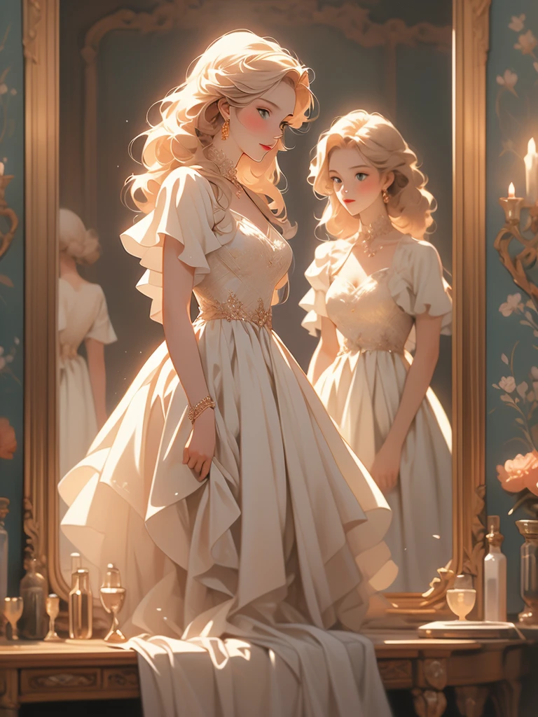 a painting of a woman in a dress looking at herself in a mirror, with a mirror, by Johfra Bosschart, by Kinuko Y. Craft, by Alexander Kucharsky, by Ruth Sanderson, beautiful depiction, admiring her own reflection, by Greg Hildebrandt, gorgeous painting, looking in the mirror, by Juan Fernando Cobo, by James C. Christensen