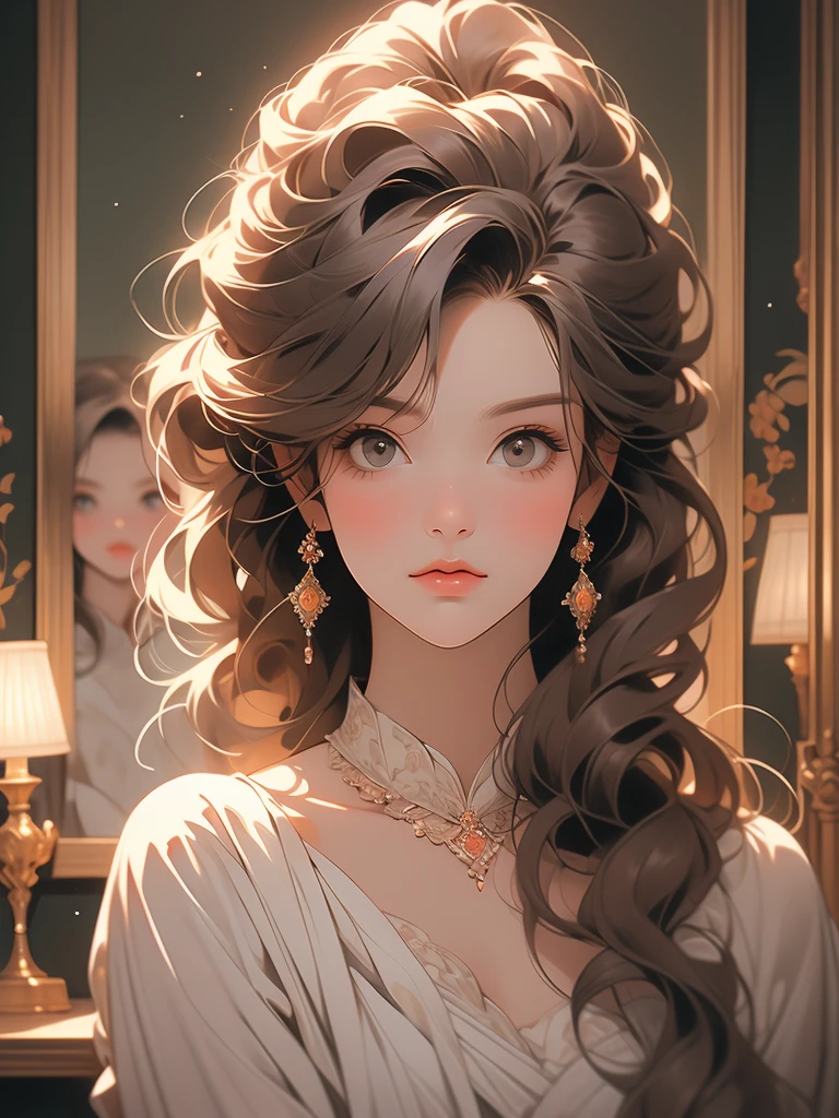 a painting of a woman in a dress looking at herself in a mirror, with a mirror, by Johfra Bosschart, by Kinuko Y. Craft, by Alexander Kucharsky, by Ruth Sanderson, beautiful depiction, admiring her own reflection, by Greg Hildebrandt, gorgeous painting, looking in the mirror, by Juan Fernando Cobo, by James C. Christensen