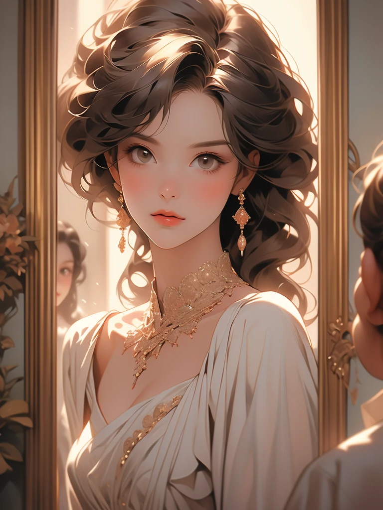 a painting of a woman in a dress looking at herself in a mirror, with a mirror, by Johfra Bosschart, by Kinuko Y. Craft, by Alexander Kucharsky, by Ruth Sanderson, beautiful depiction, admiring her own reflection, by Greg Hildebrandt, gorgeous painting, looking in the mirror, by Juan Fernando Cobo, by James C. Christensen