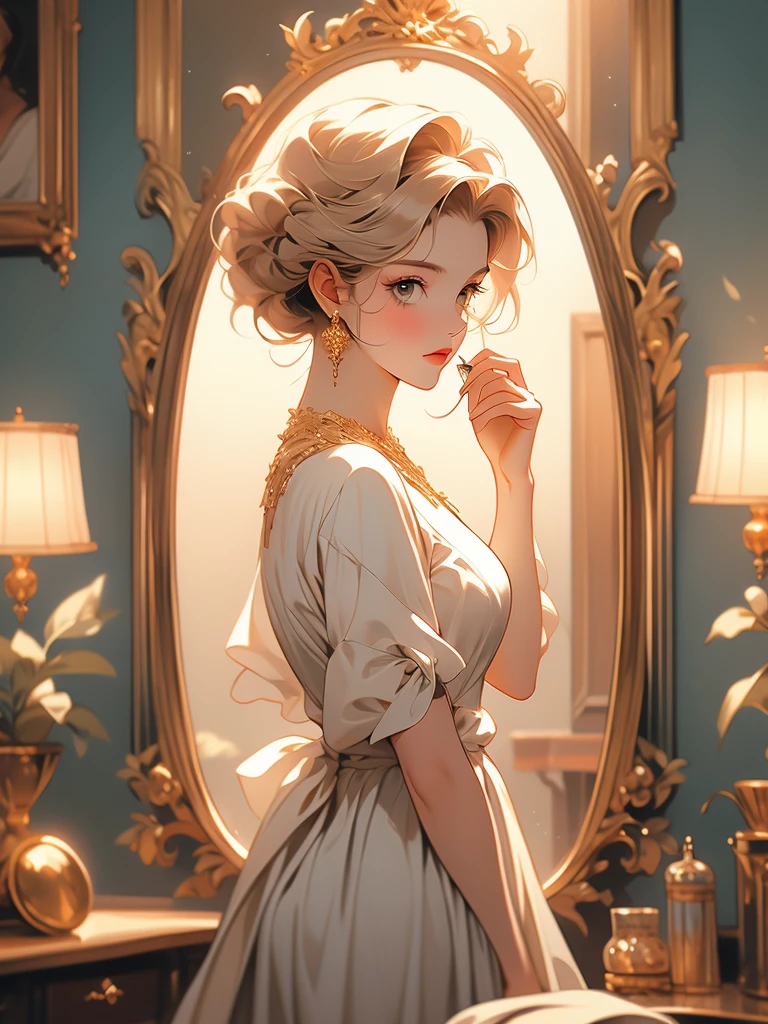 a painting of a woman in a dress looking at herself in a mirror, a cross stitch by Johfra Bosschart, pinterest, figurative art, with a mirror, beautiful depiction, admiring her own reflection, gorgeous painting, looking in the mirror, beautiful retro art, looking in a mirror, bathed in golden light, bathed in the the glow, beautiful painting