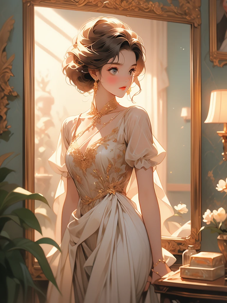 a painting of a woman in a dress looking at herself in a mirror, with a mirror, by Johfra Bosschart, by Kinuko Y. Craft, by Alexander Kucharsky, by Ruth Sanderson, beautiful depiction, admiring her own reflection, by Greg Hildebrandt, gorgeous painting, looking in the mirror, by Juan Fernando Cobo, by James C. Christensen
