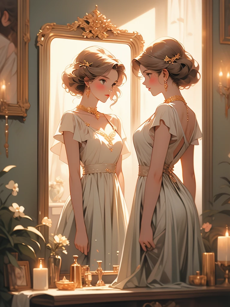 a painting of a woman in a dress looking at herself in a mirror, with a mirror, by Johfra Bosschart, by Kinuko Y. Craft, by Alexander Kucharsky, by Ruth Sanderson, beautiful depiction, admiring her own reflection, by Greg Hildebrandt, gorgeous painting, looking in the mirror, by Juan Fernando Cobo, by James C. Christensen