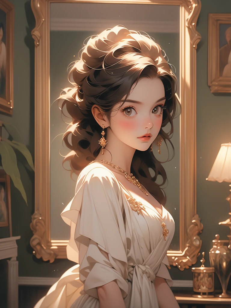 a painting of a woman in a dress looking at herself in a mirror, with a mirror, by Johfra Bosschart, by Kinuko Y. Craft, by Alexander Kucharsky, by Ruth Sanderson, beautiful depiction, admiring her own reflection, by Greg Hildebrandt, gorgeous painting, looking in the mirror, by Juan Fernando Cobo, by James C. Christensen