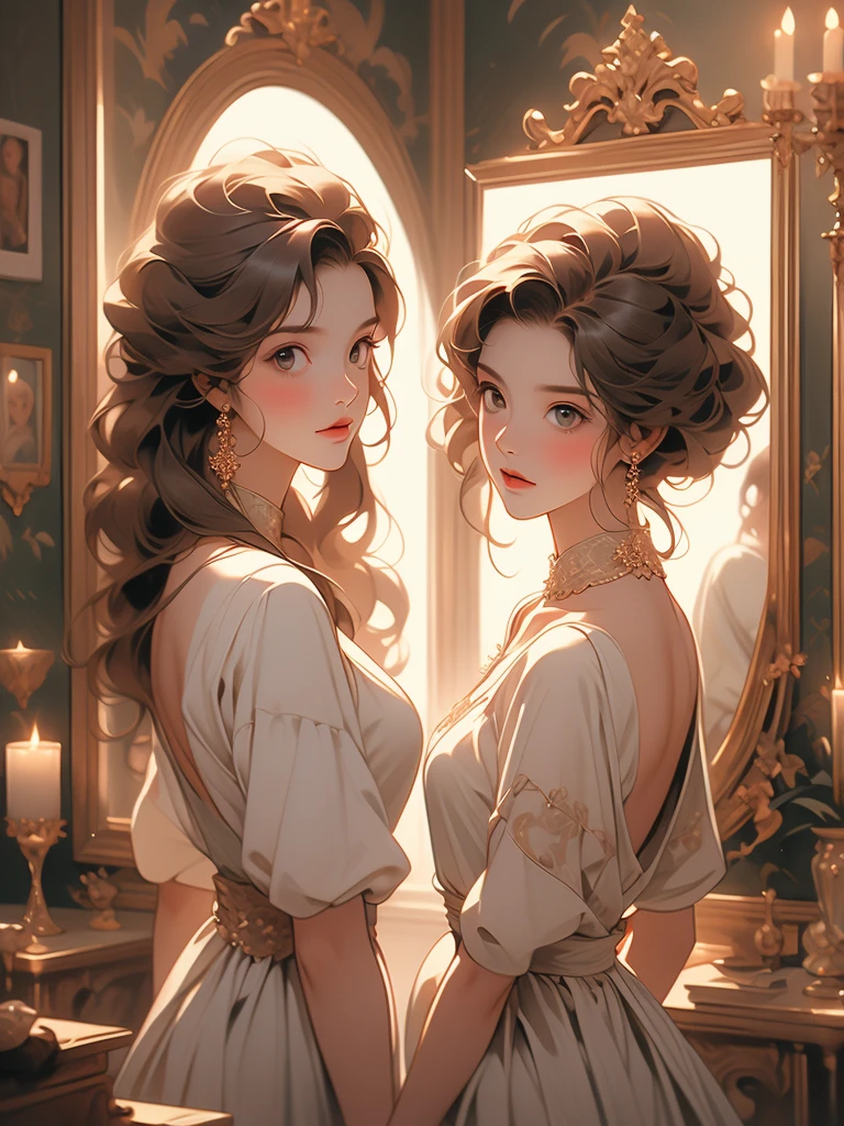 a painting of a woman in a dress looking at herself in a mirror, with a mirror, by Johfra Bosschart, by Kinuko Y. Craft, by Alexander Kucharsky, by Ruth Sanderson, beautiful depiction, admiring her own reflection, by Greg Hildebrandt, gorgeous painting, looking in the mirror, by Juan Fernando Cobo, by James C. Christensen