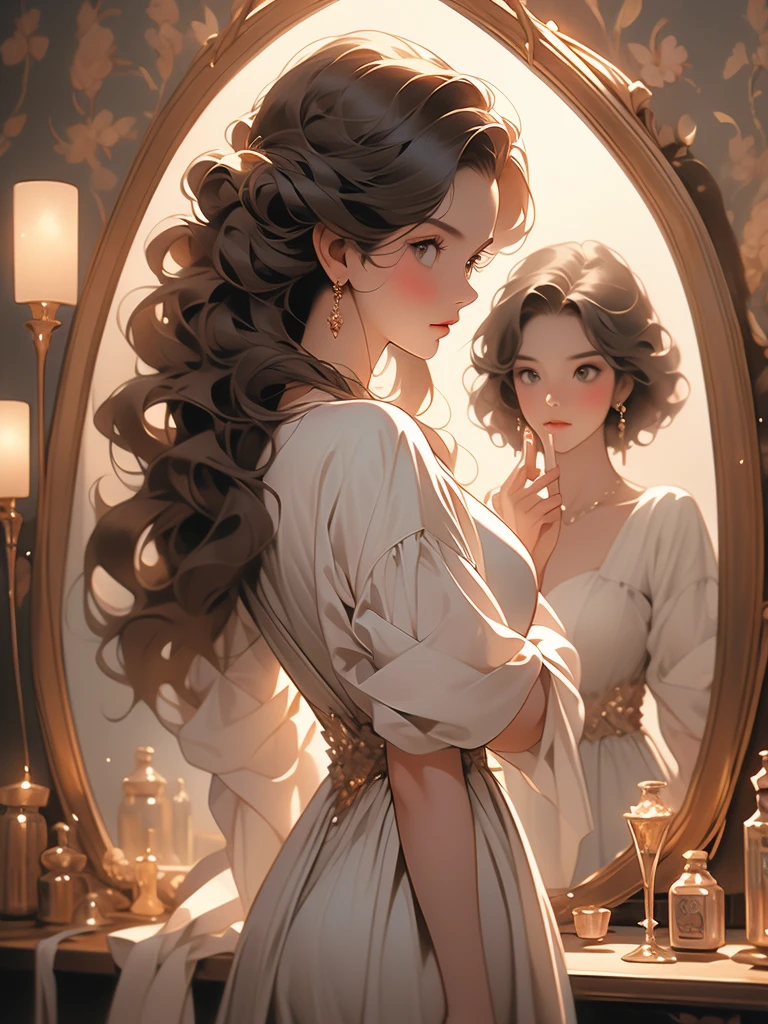 a painting of a woman in a dress looking at herself in a mirror, with a mirror, by Johfra Bosschart, by Kinuko Y. Craft, by Alexander Kucharsky, by Ruth Sanderson, beautiful depiction, admiring her own reflection, by Greg Hildebrandt, gorgeous painting, looking in the mirror, by Juan Fernando Cobo, by James C. Christensen