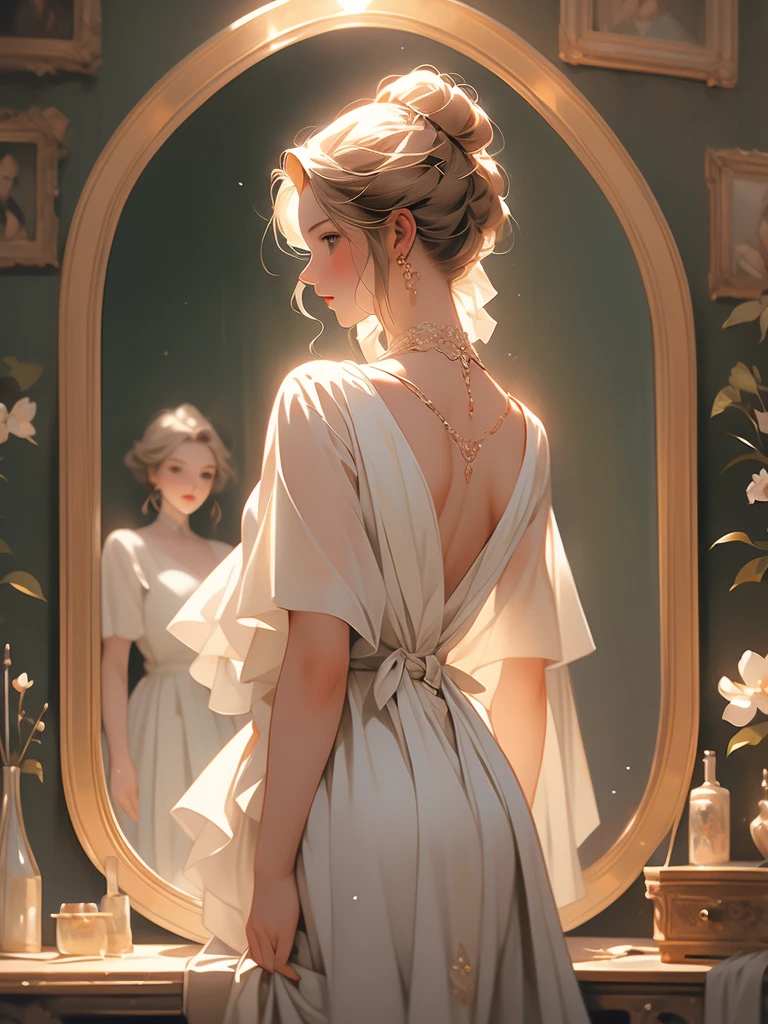 a painting of a woman in a dress looking at herself in a mirror, with a mirror, by Johfra Bosschart, by Kinuko Y. Craft, by Alexander Kucharsky, by Ruth Sanderson, beautiful depiction, admiring her own reflection, by Greg Hildebrandt, gorgeous painting, looking in the mirror, by Juan Fernando Cobo, by James C. Christensen