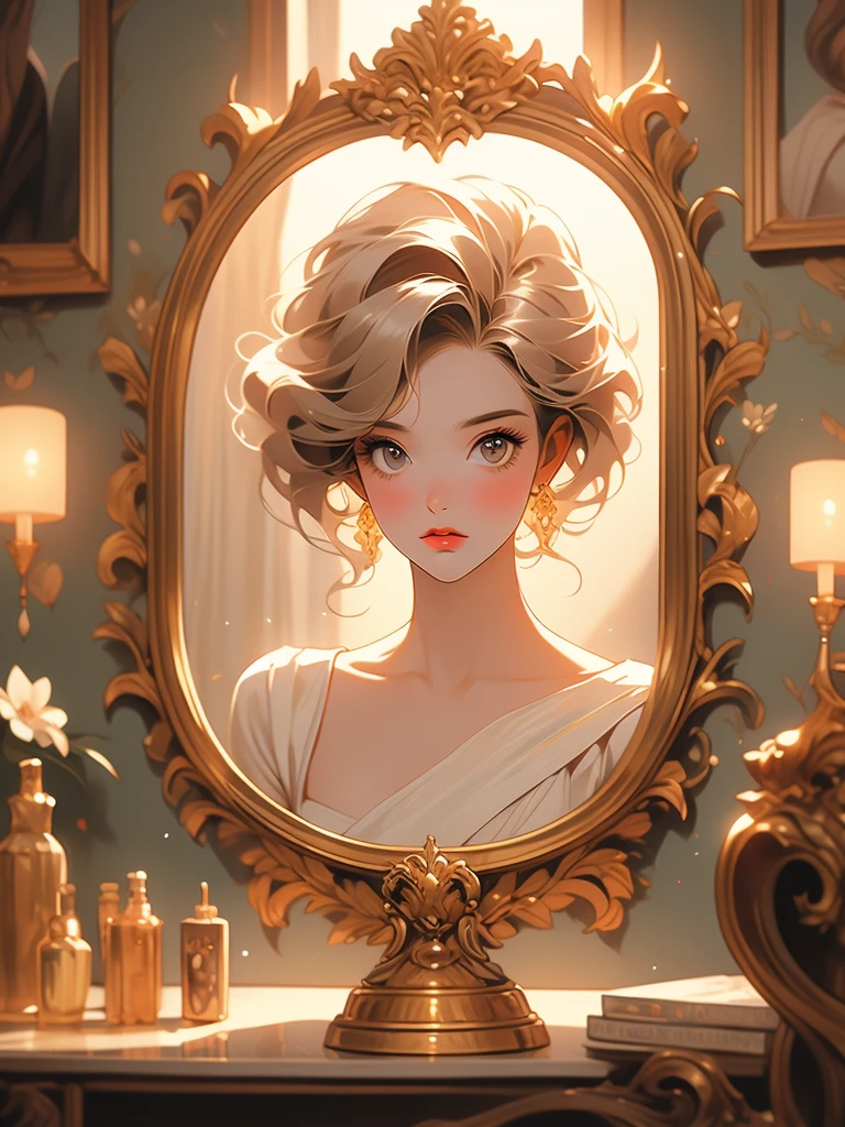 a painting of a woman in a dress looking at herself in a mirror, a cross stitch by Johfra Bosschart, pinterest, figurative art, with a mirror, beautiful depiction, admiring her own reflection, gorgeous painting, looking in the mirror, beautiful retro art, looking in a mirror, bathed in golden light, bathed in the the glow, beautiful painting