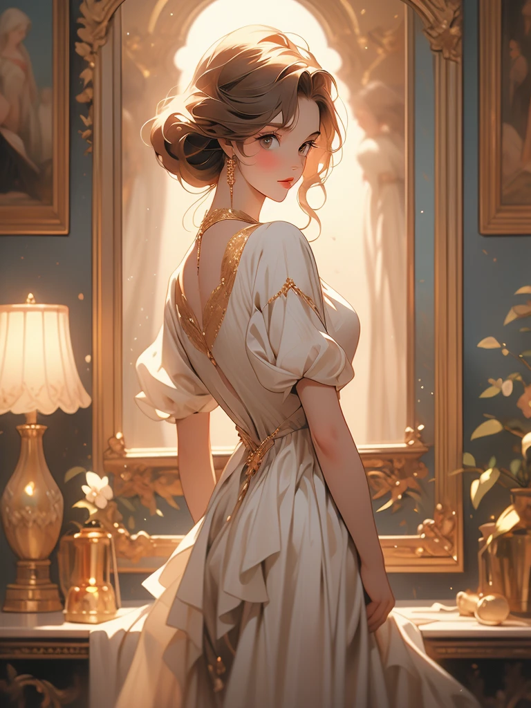 a painting of a woman in a dress looking at herself in a mirror, a cross stitch by Johfra Bosschart, pinterest, figurative art, with a mirror, beautiful depiction, admiring her own reflection, gorgeous painting, looking in the mirror, beautiful retro art, looking in a mirror, bathed in golden light, bathed in the the glow, beautiful painting