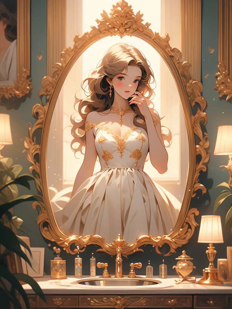 a painting of a woman in a dress looking at herself in a mirror, with a mirror, by Johfra Bosschart, by Kinuko Y. Craft, by Alexander Kucharsky, by Ruth Sanderson, beautiful depiction, admiring her own reflection, by Greg Hildebrandt, gorgeous painting, looking in the mirror, by Juan Fernando Cobo, by James C. Christensen
