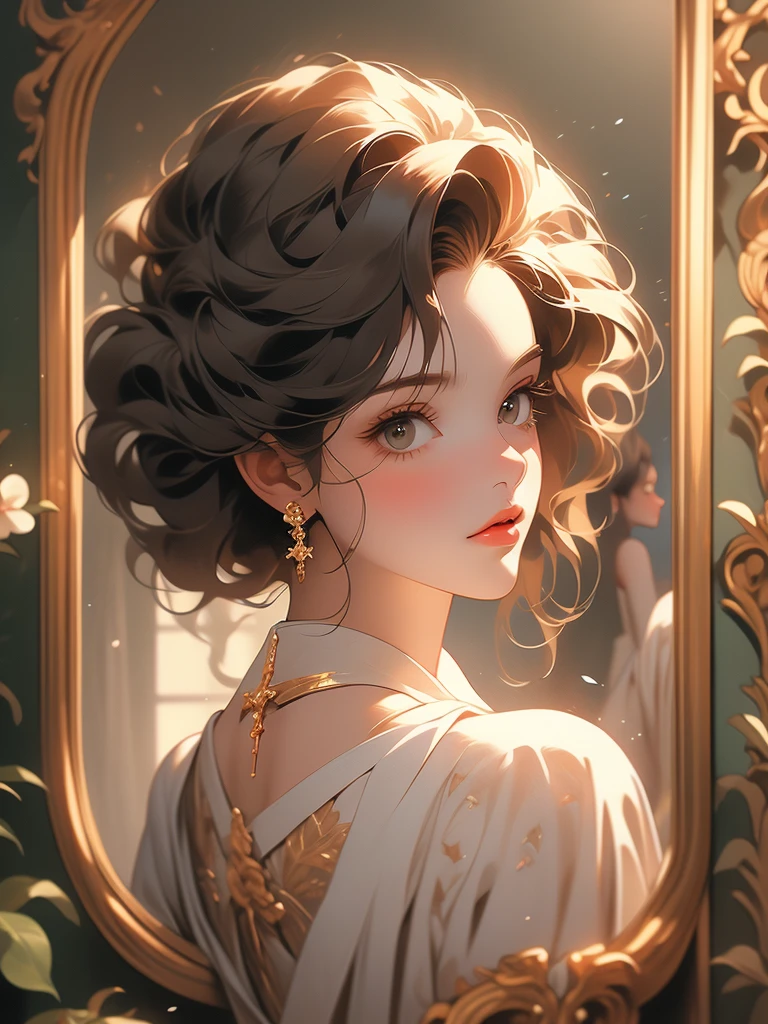 a painting of a woman in a dress looking at herself in a mirror, with a mirror, by Johfra Bosschart, by Kinuko Y. Craft, by Alexander Kucharsky, by Ruth Sanderson, beautiful depiction, admiring her own reflection, by Greg Hildebrandt, gorgeous painting, looking in the mirror, by Juan Fernando Cobo, by James C. Christensen