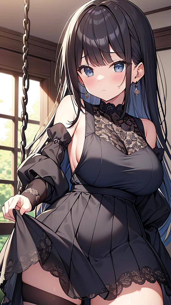 ((masterpiece)), (Highest quality、16K), (Simple style), Big Breasts, Swinging Big , Wearing a face stolen from someone else, No sleeve, Sleeveless, Off the shoulder, Black Dress, Short skirt, Pleated lace, Lace dress, Dark blue knee socks. whole body, Luxurious Room, NSFW