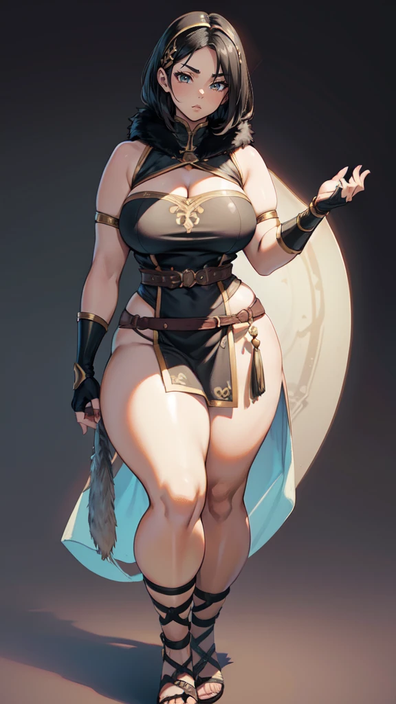 (masterpiece), best quality, female warrior, dark fantasy, huge girl, female muscular:1.2, black hair, (curvy:1.7), ((thick thighs:1.4)), (((blank background))), ((full body)), fingerless gloves, sandals, sleeveless, (straight hair), (loincloth), (fur top) , strapless top