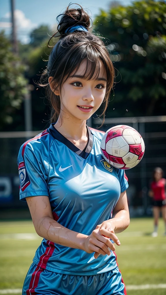 Highest quality, High resolution:1.2, Super detailed, Realistic:1.3, ((Beautiful woman))、((Ultra tight uniform))、((Big Breasts))、Vibrant colors, play soccer,((blunt bangs))、Has bangs、Wet Hair, Concentration, Splash, Action Shots, Grass blotches, Muddy ground, Wet turf, Decide, Fast-paced games, Athletic physique, Shiny soccer ball, Wet uniform, raindrop, Blurred motion, Focus on the ball, Intense competition, Skillful dribbling, Energetic play, Teamwork, powerful shoots, Wet pitch, Passionate sports, Fierce Decide, Humid atmosphere, Fluid movement, emotional expression、Dramatic lighting, Women's Sports, Avid athletes, Exciting Games, endure, Excited state, Speed and agility, Energetic play, 濡れたSplash、smile、hair band