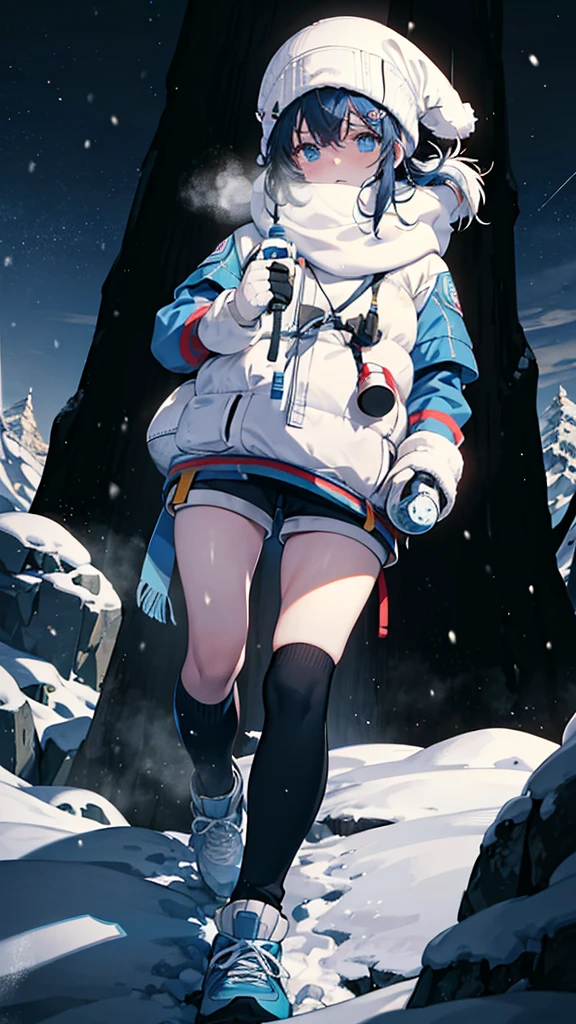 The body was frozen, partially covered in ice. Wear climbing clothes. Sometimes an oxygen mask and an oxygen tank can be seen nearby. Thick sweater, gloves, thick socks, hiking shoes. Snow goggles, beanie, or hiking hat on steep snow slopes. You can see the high mountains around you. The sky is bright blue or has white clouds. The weather is very cold, the wind is strong, and snow is everywhere. There are signal flags and ropes used for climbing. Sometimes the atmosphere is quiet. Looks empty and lonely The atmosphere is cold and gloomy.