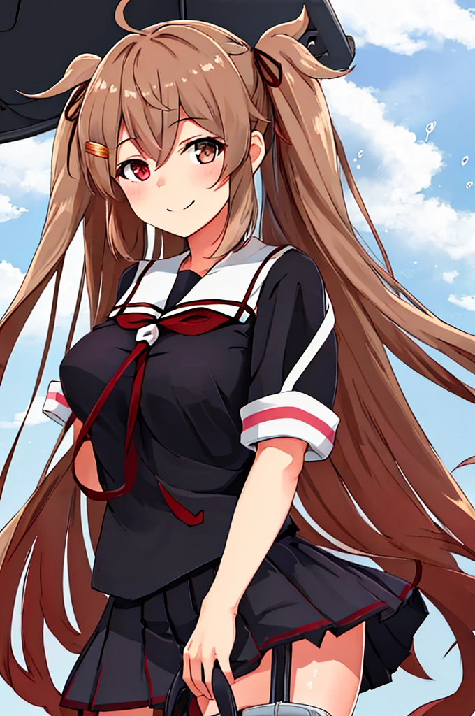 Highest quality, masterpiece, High resolution, alone, (村雨改two_Kantai Collection), length_hair, Light_brown_hair, brown_eye, red_eye, ribbon, smile, Seraphim, hair_ribbon, black_Seraphim ツインテール, two_~ ~ side_Excellent, hair_flap, hair_ornament, 1 Girl, School_uniform, skirt, 