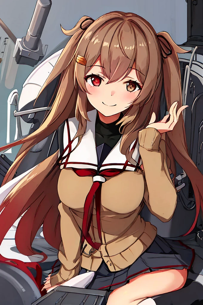 Highest quality, masterpiece, High resolution, alone, (村雨改two_Kantai Collection), length_hair, Light_brown_hair, brown_eye, red_eye, ribbon, smile, Seraphim, hair_ribbon, black_Seraphim ツインテール, two_~ ~ side_Excellent, hair_flap, hair_ornament, 1 Girl, School_uniform, skirt,