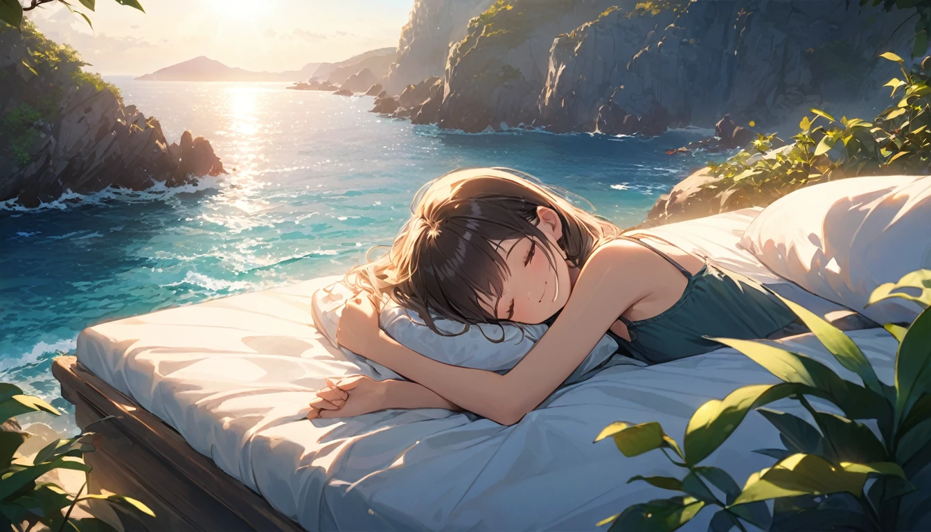 (Best Quality, Masterpiece, ultra high resolution, ultra detailed:1.2) ,(girl sleeping under the sun),,Closed eyes,SMILE,soft lighting,The background features rocky cliffs overlooking the sea., boats floating in it, green plants, and the sunlight shining through them on his face. wearing camisole. creating a warm environment.